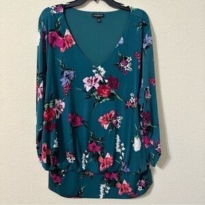 Lane Bryant Top Green Floral Print Long Sleeve Plus Size V-Neck Flowy Blouse